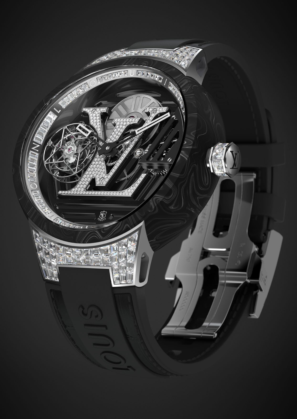 Louis VUITTON Dentelle de Monogram watch with a Diamondset dial and bezel  and an allDiamond rivière bracelet  Horlogerie Joaillerie Montre